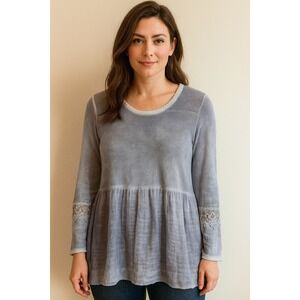 Feratelli‎ Babydoll Top Womens Large Baby Blue Distressed Tie Dye Crochet Trim